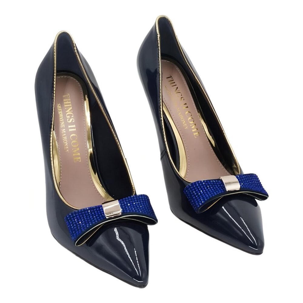 THINGS II COME Soho Crystal Double Bow Pointed Pumps Midnight Navy 7.5M